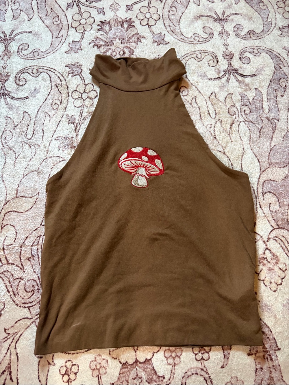 Brown Mushroom Embroidered Halter Top Y2K Fairy Grunge